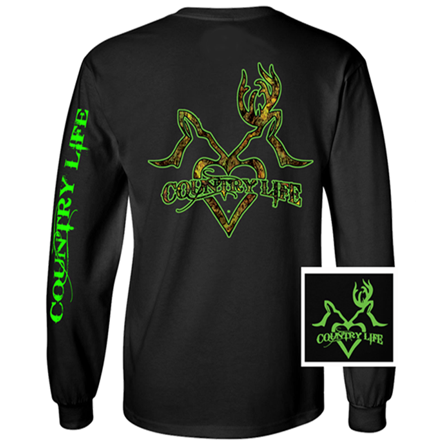 Country Life Outfitters Black & Green Deer Kiss Heart Love Hunt Vintage Long Sleeve Bright T Shirt - SimplyCuteTees