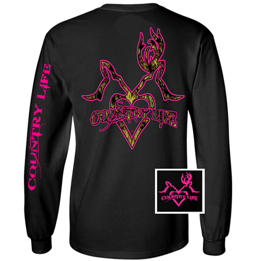 Country Life Outfitters Black & Pink Deer Kiss Heart Love Hunt Vintage Long Sleeve Bright T Shirt - SimplyCuteTees