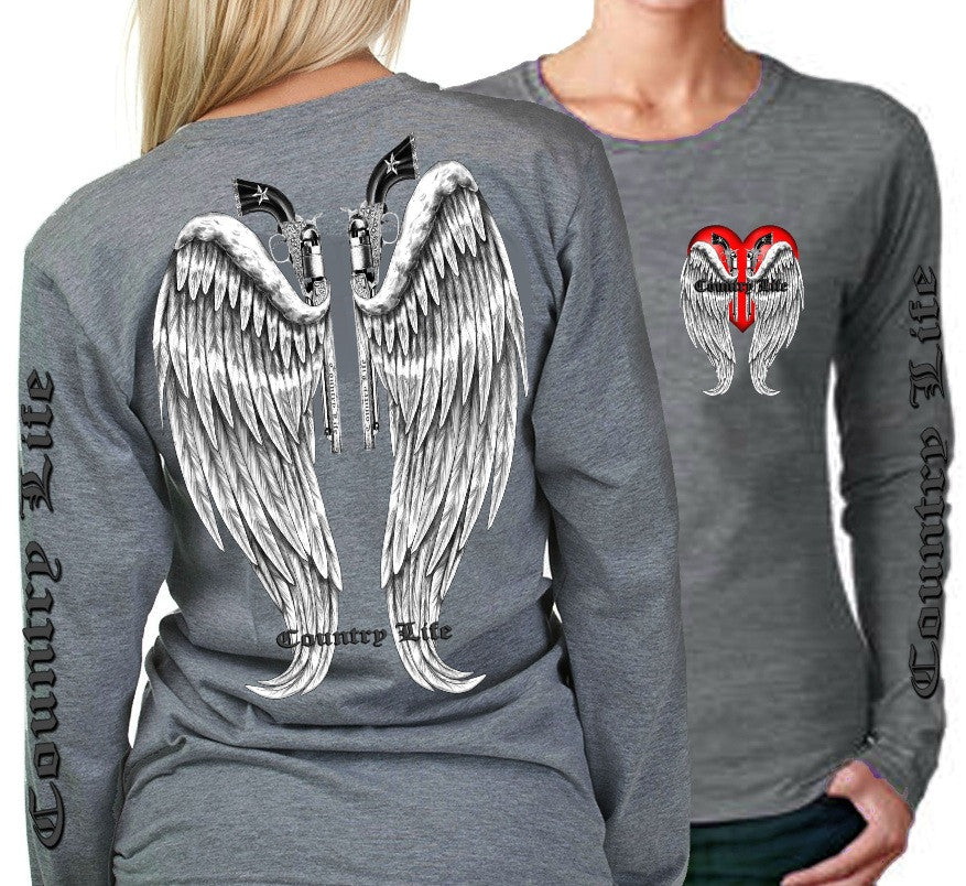 Country Life Outfitters Wings Guns Vintage Gray Long Sleeve Bright T Shirt - SimplyCuteTees