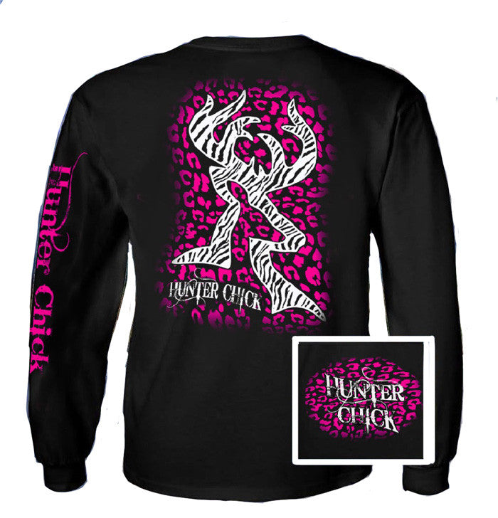 Country Life Outfitters Hunter Chick Black & Pink Cheetah Deer Head Hunt Vintage Long Sleeve Bright T Shirt - SimplyCuteTees