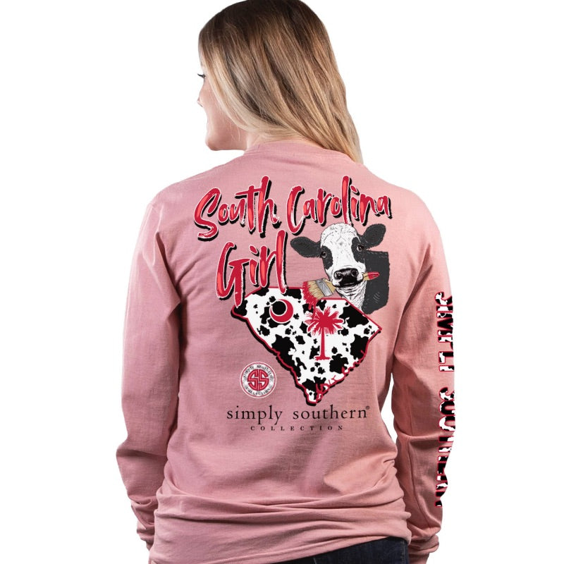 Simply Southern South Carolina Girl Cow Print Long Sleeve T-Shirt