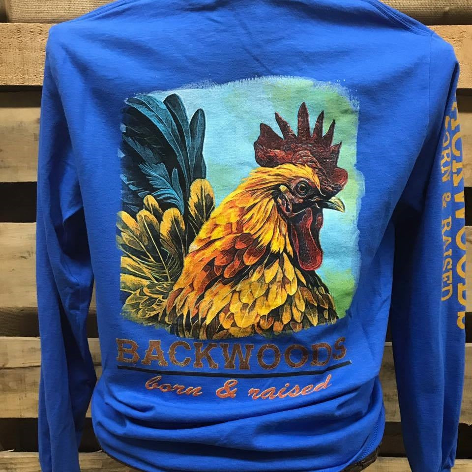 Backwoods Born & Raised  Southern Rooster Unisex Bright Long Sleeve T Shirt - SimplyCuteTees