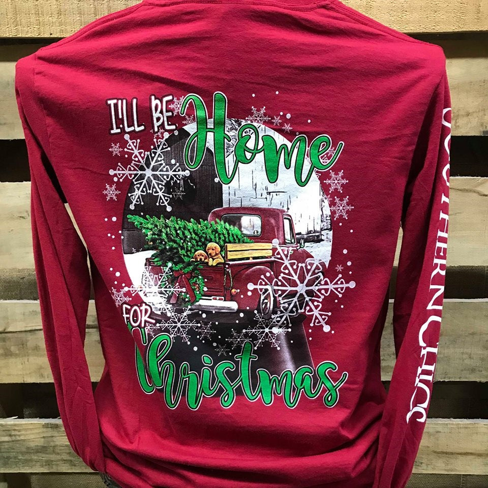 SALE Southern Chics I&#39;ll Be Home for Christmas Truck Dog Girlie Long Sleeve Bright T Shirt