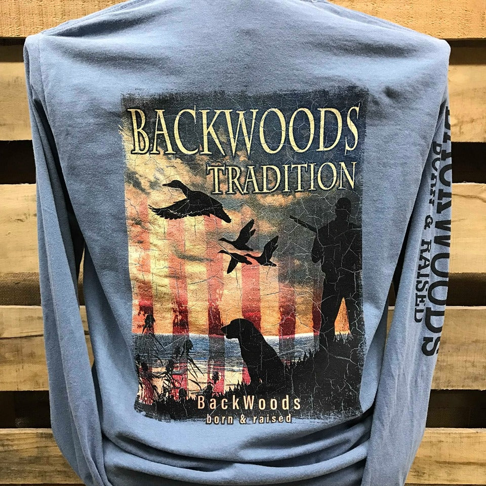 SALE Backwoods Traditions Duck Hunt Dog USA Flag Bright Comfort Colors Long Sleeves Unisex T Shirt