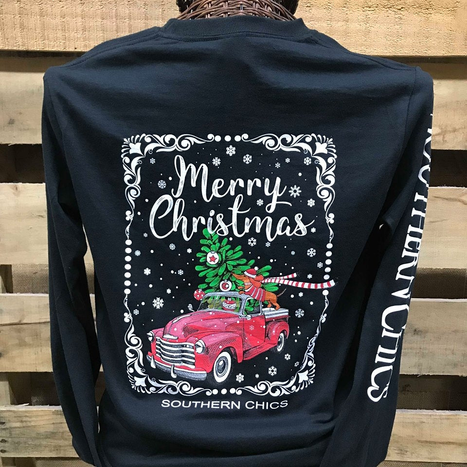 Southern Chics Merry Christmas Truck Dog Girlie Long Sleeve Bright T Shirt
