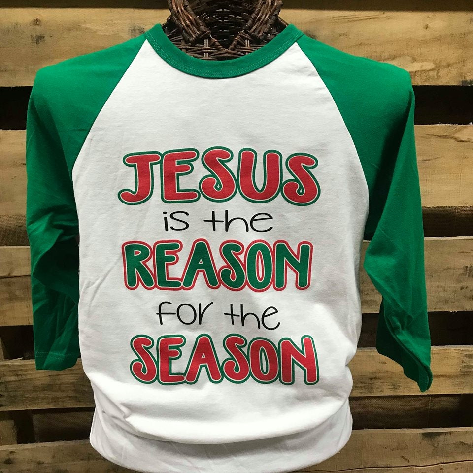 Southern Chics Jesus is the Reason for the Season Christmas Raglan Canvas Girlie 3/4 Long Sleeve T Shirt