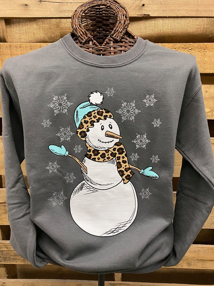 Southern Chics Apparel Leopard Snowman Long Sleeve Crew Sweatshirt