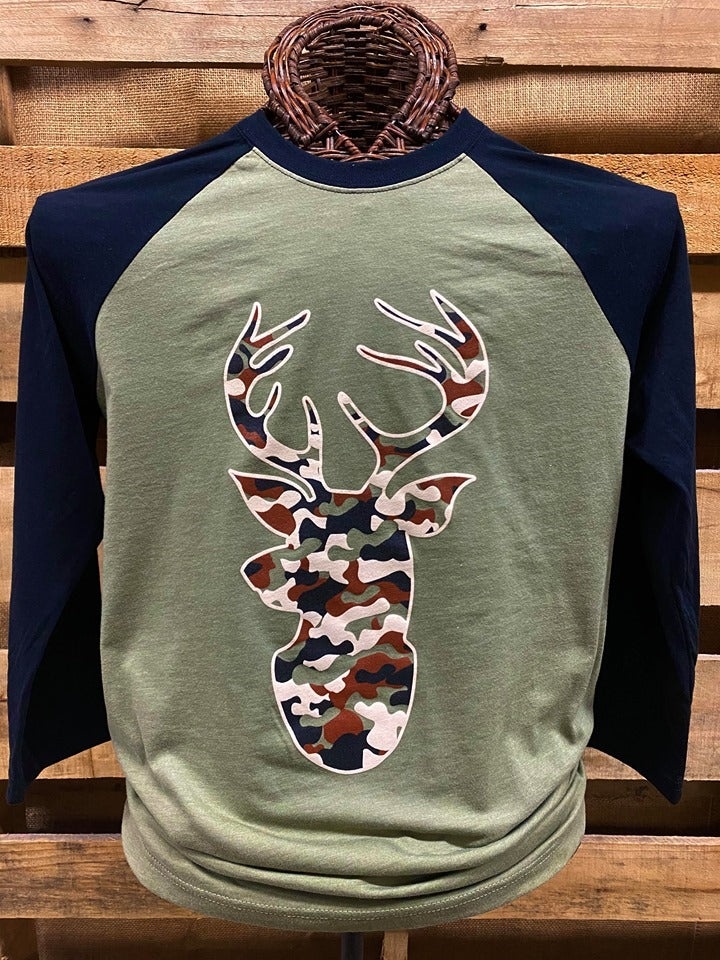 Southern Chics Apparel Camo Deer Raglan 3/4 Long Sleeve T Shirt