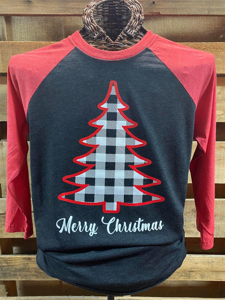 SALE Southern Chics Merry Christmas Plaid Tree Raglan Canvas Girlie 3/4 Long Sleeve T Shirt