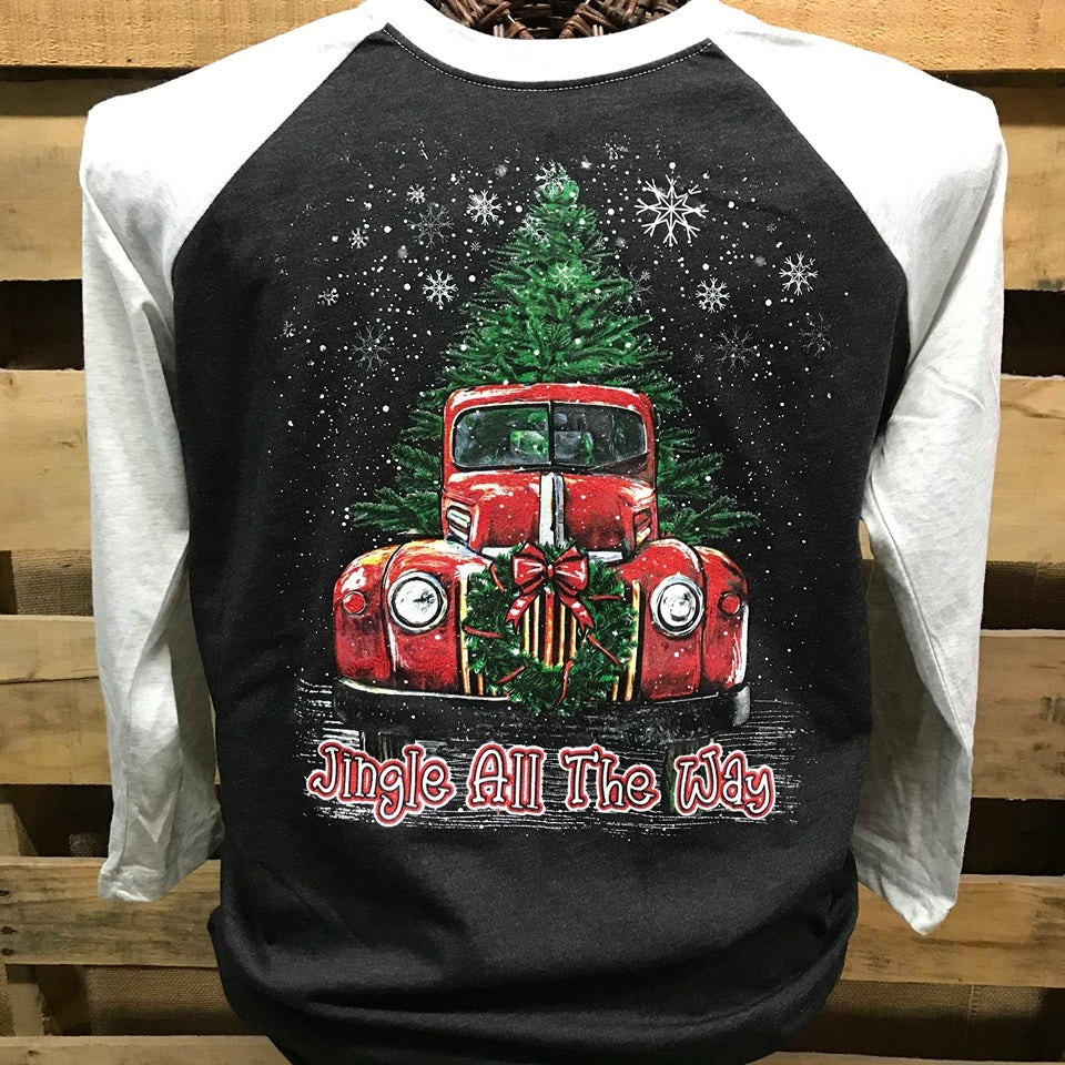 Southern Chics Jingle All the Way Christmas Car Raglan Canvas Girlie 3/4 Long Sleeve T Shirt