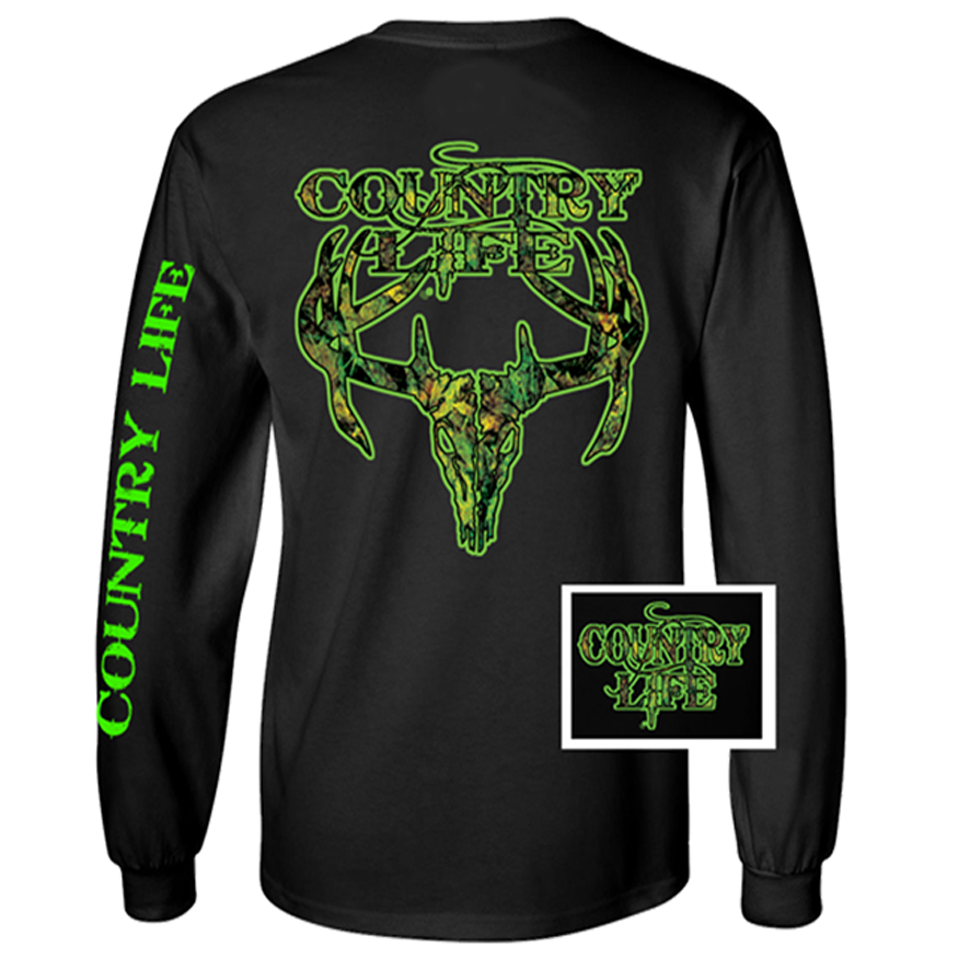Country Life Outfitters Black Green Camo Realtree Deer Skull Head Hunt Vintage Unisex Long Sleeve Bright T Shirt