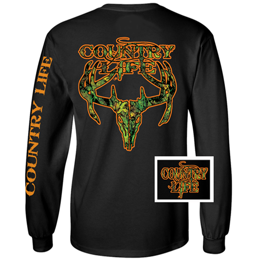 Country Life Outfitters Black & Orange Camo Realtree Deer Skull Head Hunt Vintage Unisex Long Sleeve Bright T Shirt - SimplyCuteTees