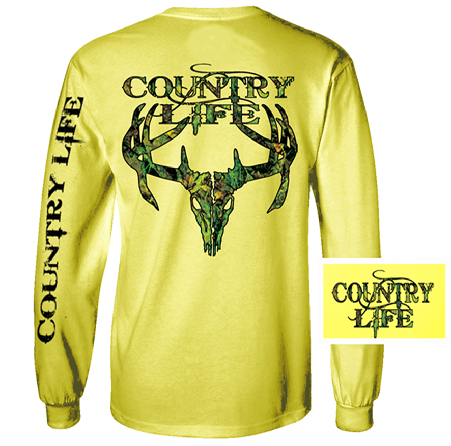 Country Life Outfitters Yellow Camo Realtree Deer Skull Head Hunt Vintage Unisex Long Sleeve Bright T Shirt - SimplyCuteTees