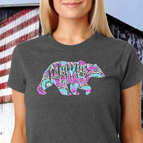 Southern Attitude Preppy Paisley Mama Bear Front Print T-Shirt