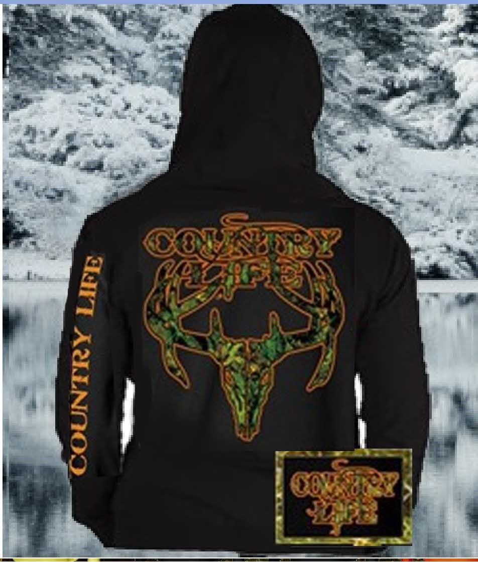 Country Life Outfitters Black & Orange Camo Realtree Deer Skull Head Hunt Vintage Unisex Hoodie
