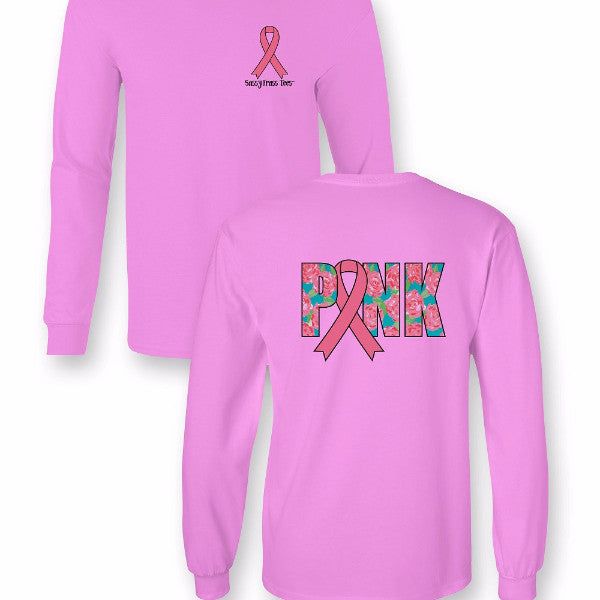 SALE Sassy Frass Comfort Colors Pink Ribbon Floral Breast Cancer Awareness Long Sleeve Bright Girlie T Shirt