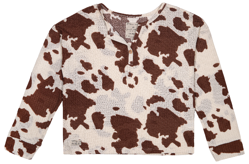 SALE Simply Southern Cow Pullover Waffle Knit Henley T-Shirt