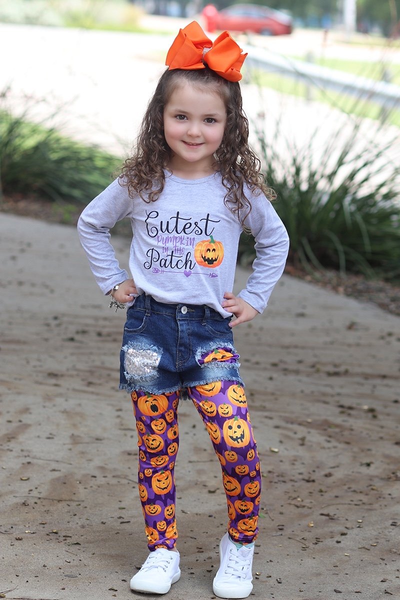 Youth Baby Cutest Pumpkin in the Patch Fall Long Sleeve Top with Denim Shorts & Leggings Set