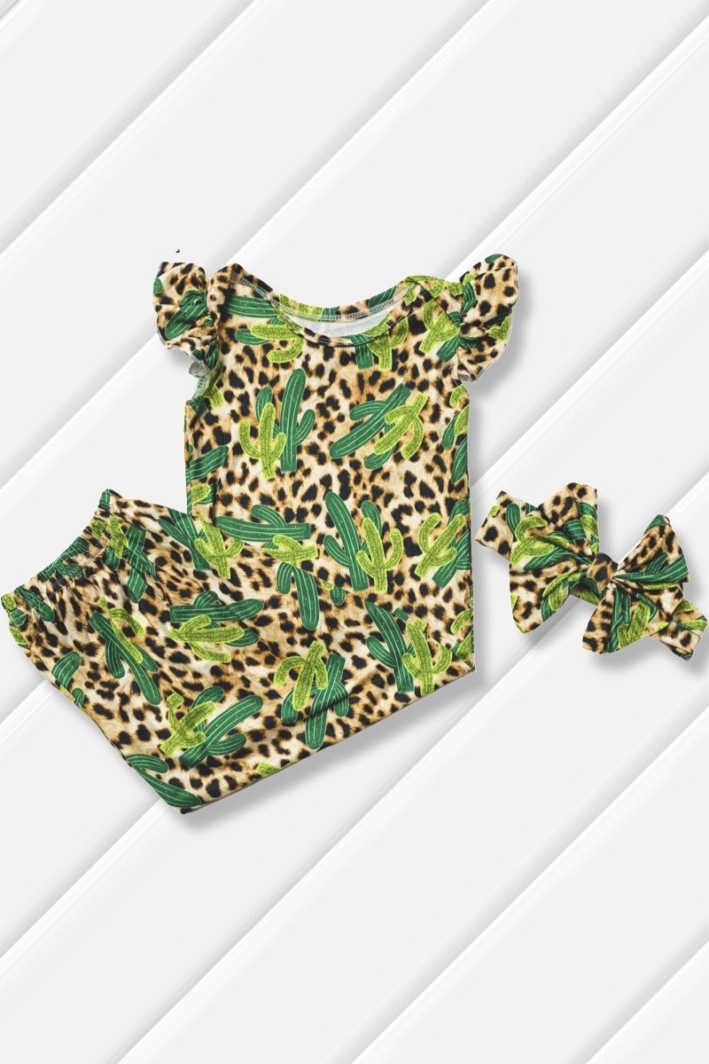 Leopard Cactus Baby Gown Dress Ruffle Sleeve with Matching Bow OSFM