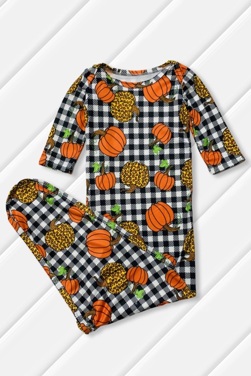 SALE Leopard Pumpkin Checkered Fall Long Sleeve Baby Gown Dress OSFM - SimplyCuteTees SALE Leopard Pumpkin Checkered Fall Long Sleeve Baby Gown Dress OSFM - SimplyCuteTees
