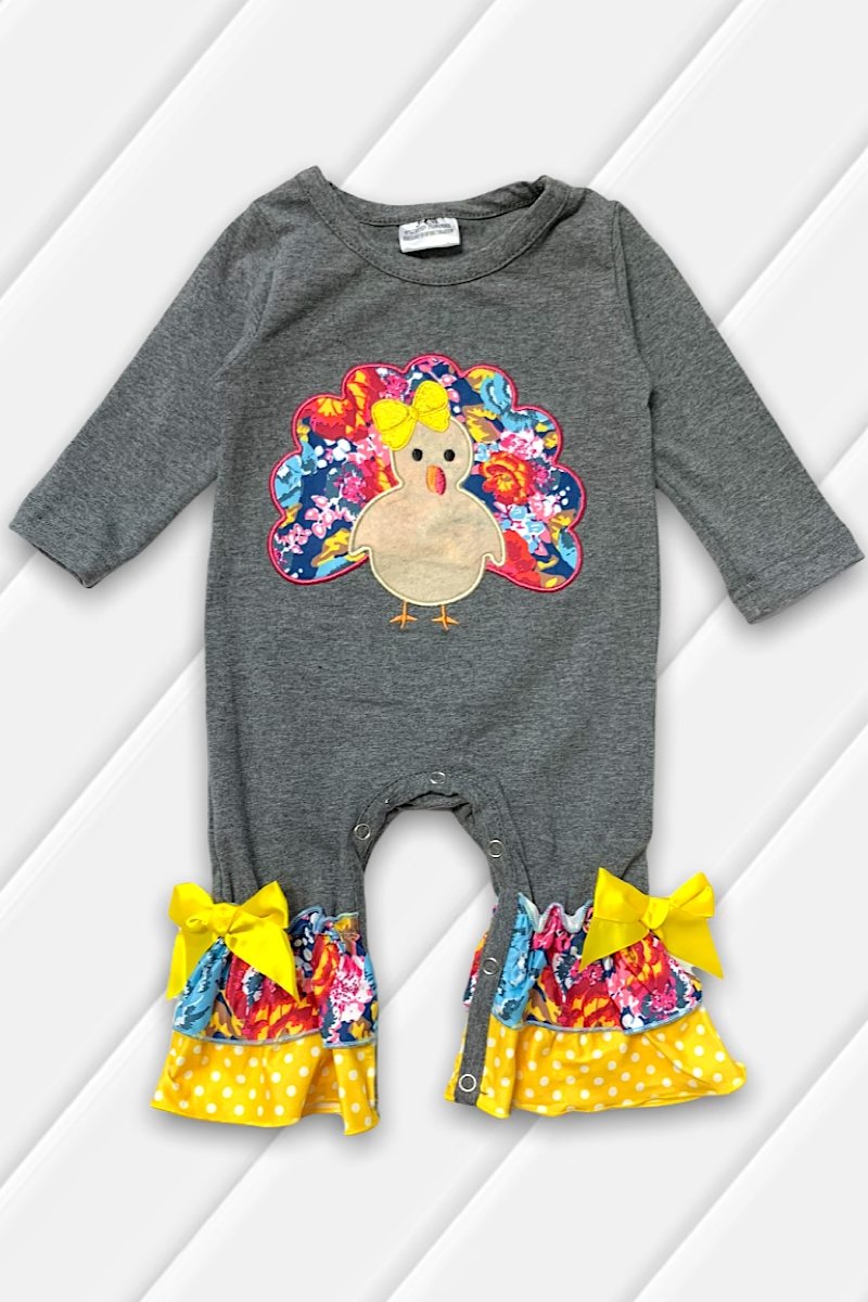 Floral Turkey Bow Thankful Fall Baby Long Sleeve Onesie Ruffled Romper