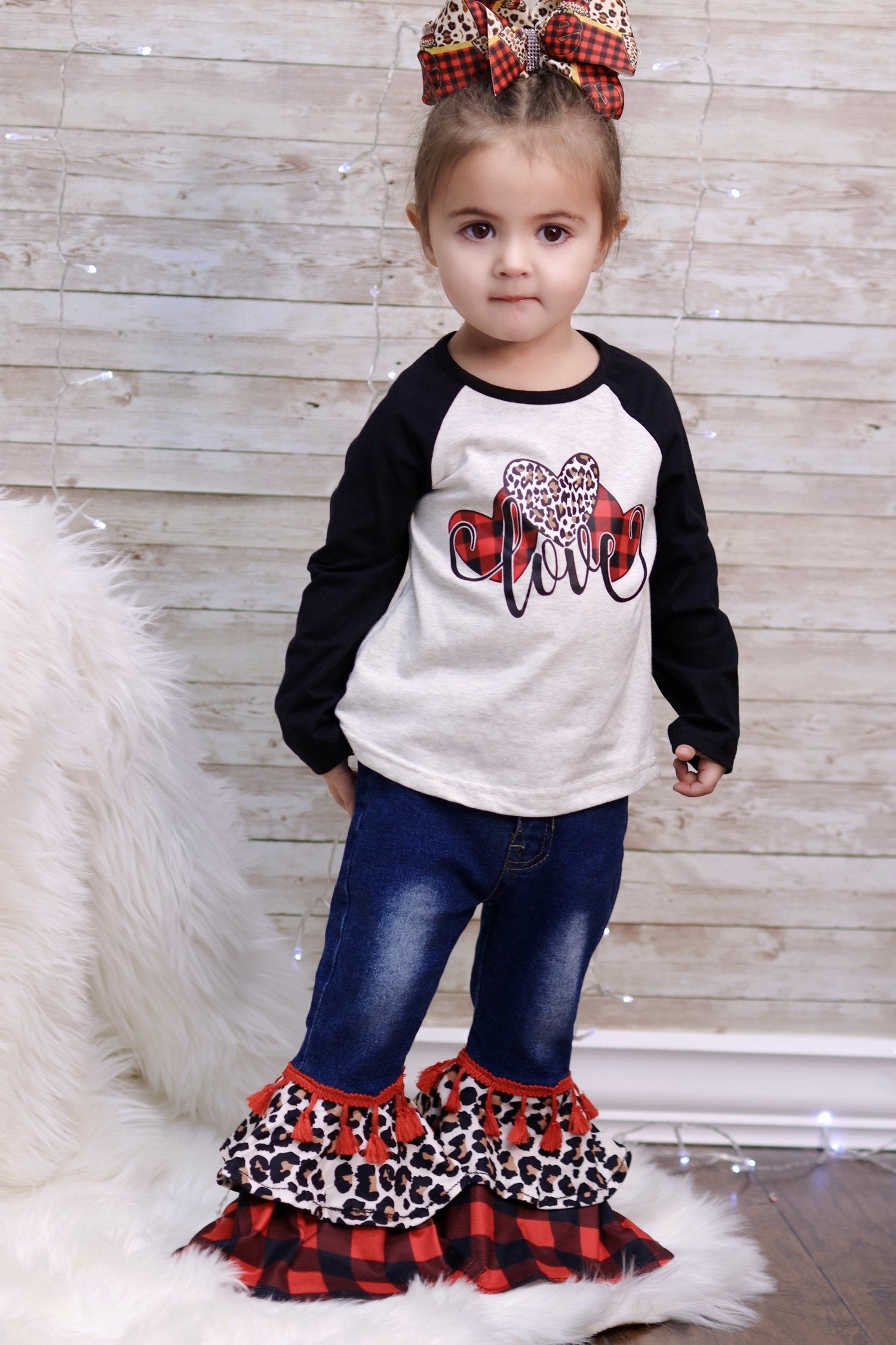 Youth Baby Toddler Love Raglan & Denim Bell Leopard Plaid Pants Valentines Day Set