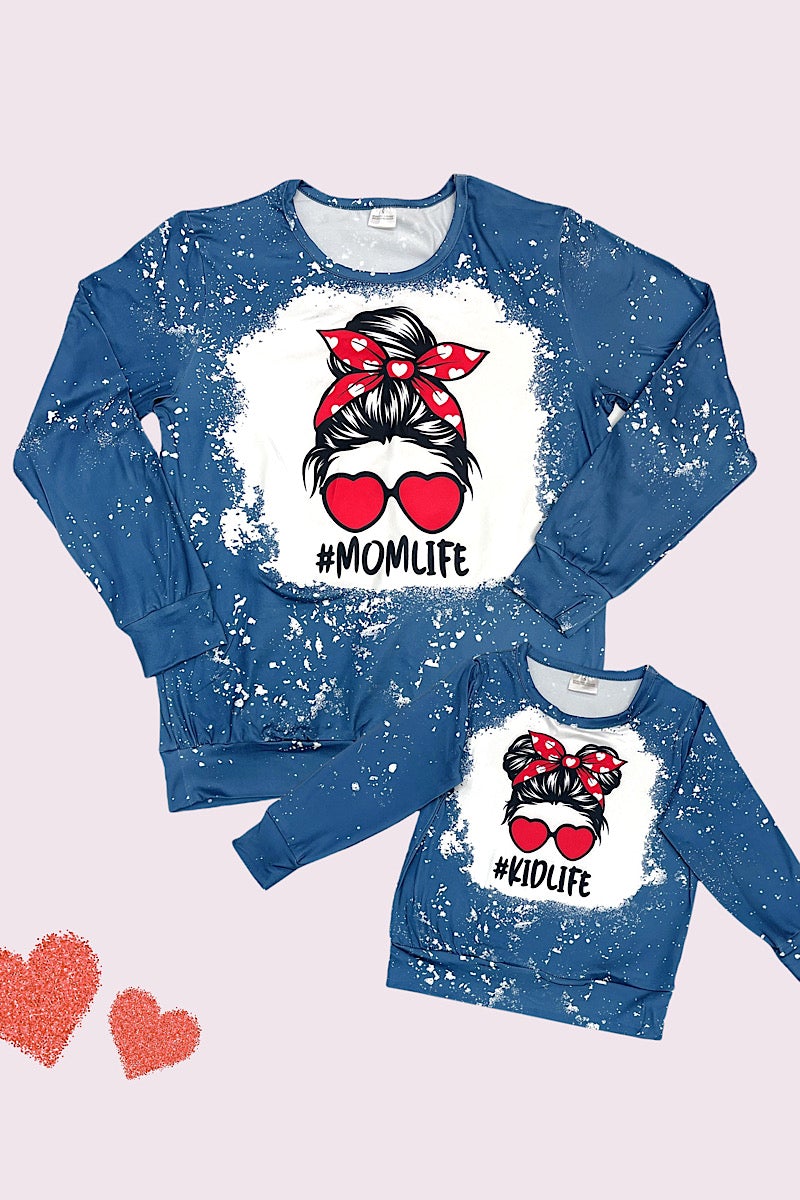 Mommy & Me Baby Youth Mom Life Kid Life Messy Bun Long Sleeve Bleach Dye T Shirt