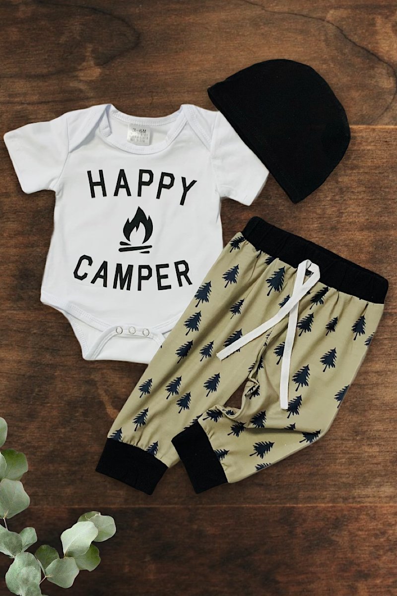 Happy Camper Onesie Pants Set with Beanie
