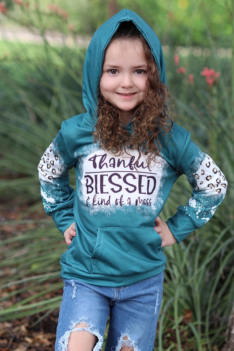 Mommy &amp; Me Baby Youth Thankful Blessed &amp; Kind of a Mess Leopard Long Sleeve Bleach Dye Hoodie T Shirt