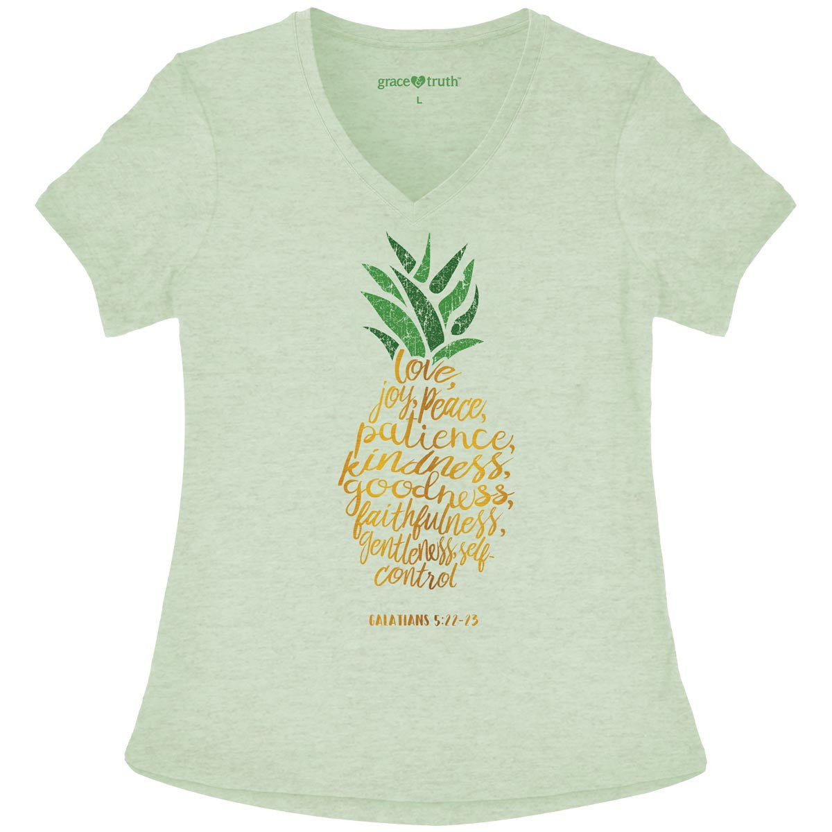 Sale Cherished Girl Grace & Truth Pineapple Love Joy Peace V-Neck Girlie Christian Bright T Shirt