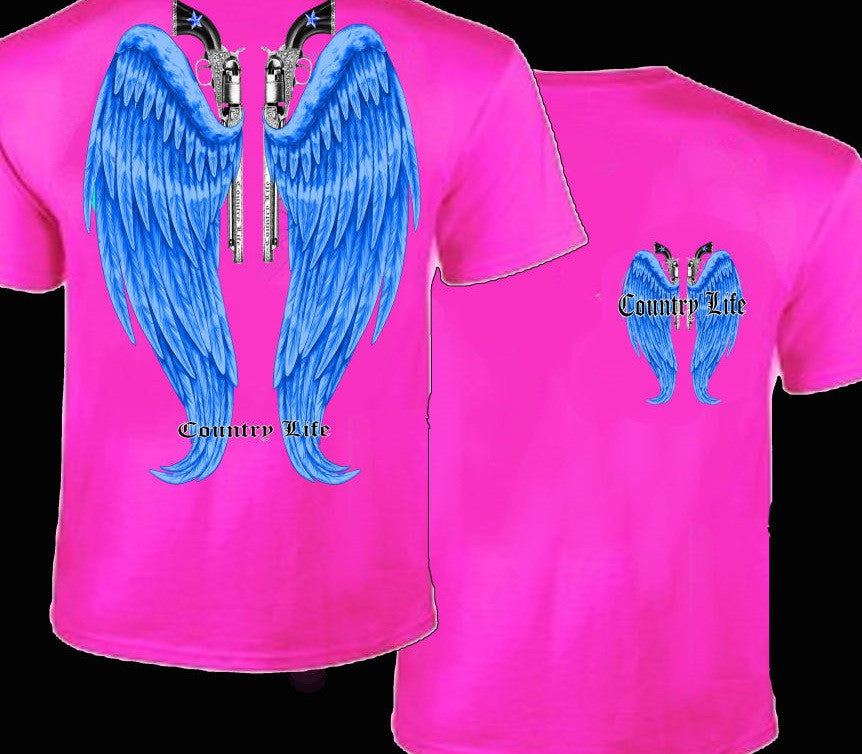 Country Life Outfitters Pink & Blue Wings Guns Vintage Girlie Bright T Shirt - SimplyCuteTees