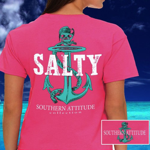 Southern Attitude Preppy Salty Anchor Skull Pink T-Shirt