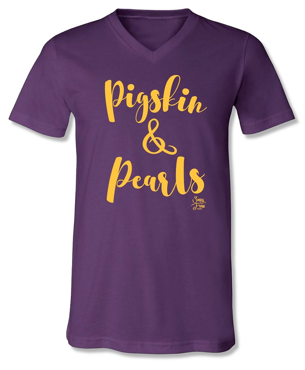 Sassy Frass Purple Pigskin & Pearls Football V-neck Bright Girlie T Shirt