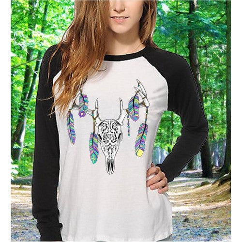 Southern Attitude Vintage Feather Deer Skull Raglan Long Sleeve T-Shirt