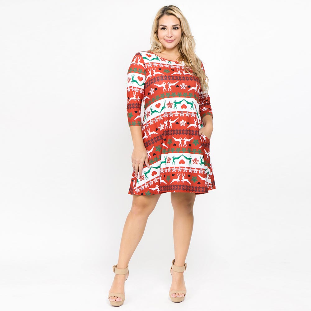 Christmas Fair Isle Reindeer Print Holiday Casual A-Line Dress