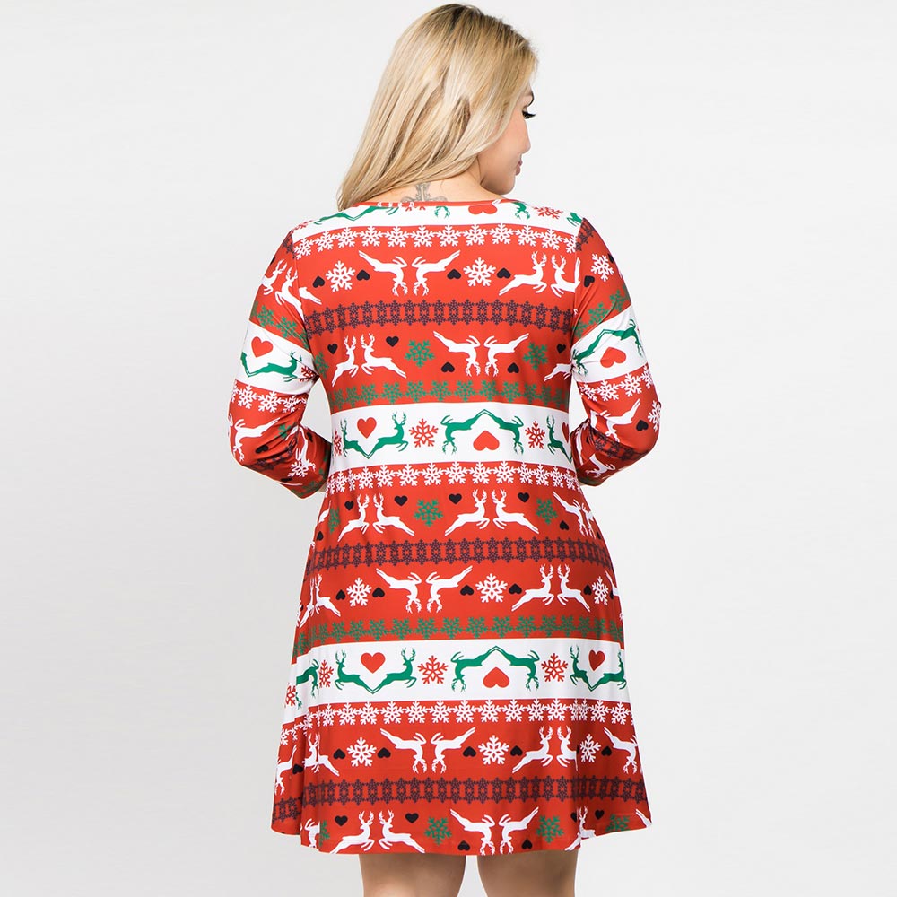 Christmas Fair Isle Reindeer Print Holiday Casual A-Line Dress