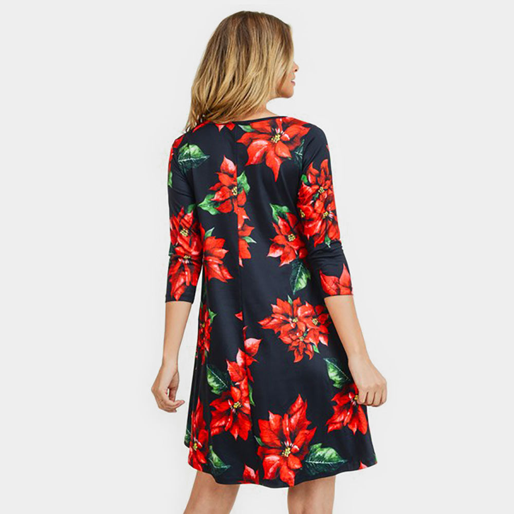 Christmas Poinsettia Flower Print Holiday Casual A-Line Dress