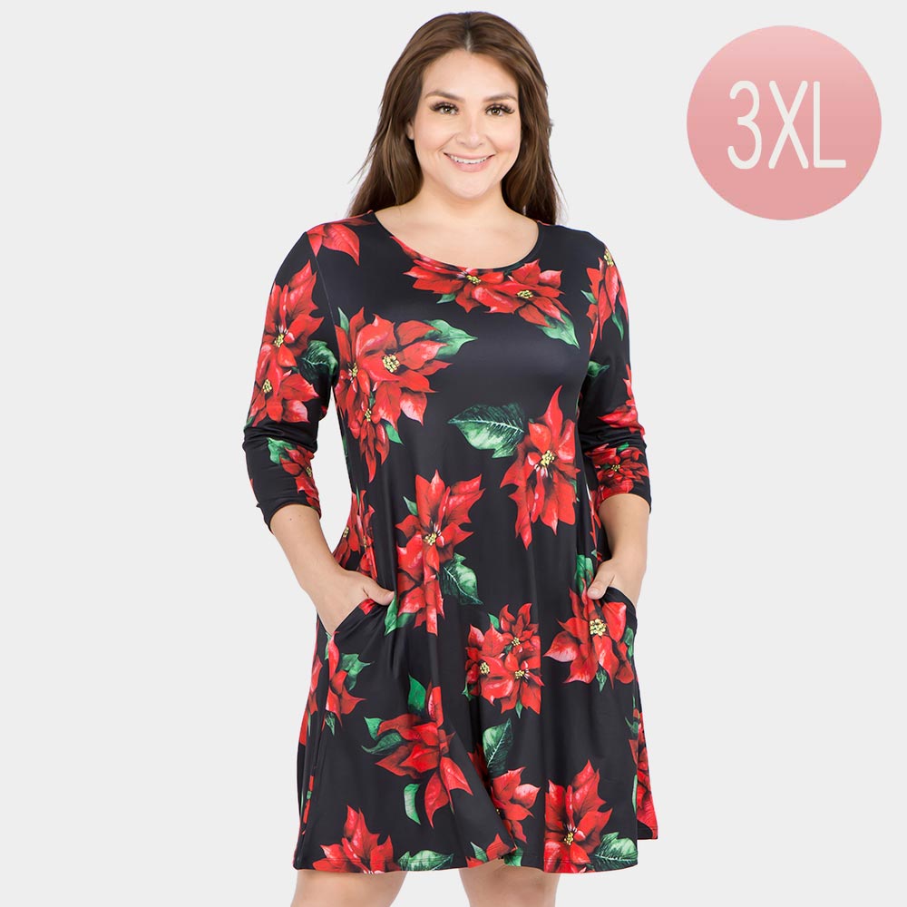 Christmas Poinsettia Flower Print Holiday Casual A-Line Dress Medium for Woman