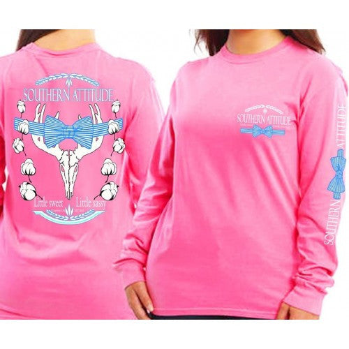 Country Life Outfitters Pink Southern Attitude Cotton Deer Skull Bow Hunt Vintage Long Sleeve Bright T Shirt - SimplyCuteTees