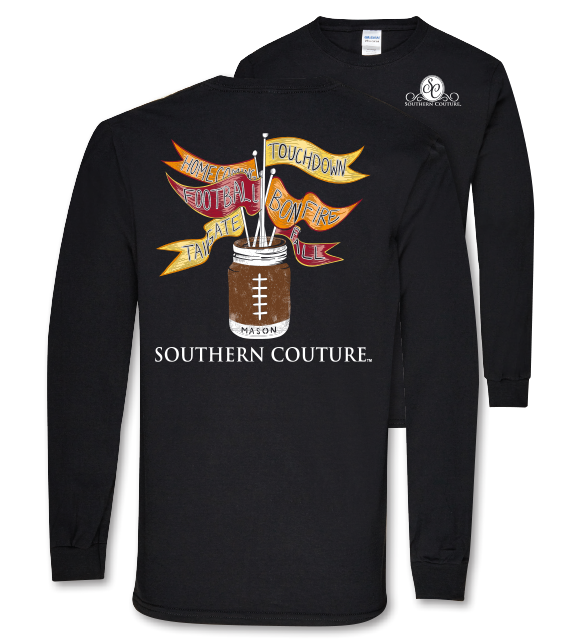 Sale Southern Couture Football Flags Mason Jar Fall Tailgate Long Sleeve T Shirt