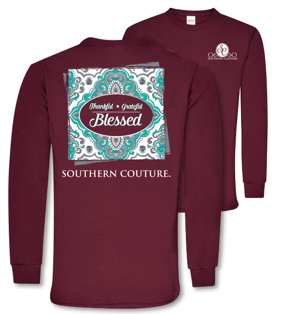 Southern Couture Preppy Thankful Grateful Blessed Long Sleeve T-Shirt - SimplyCuteTees