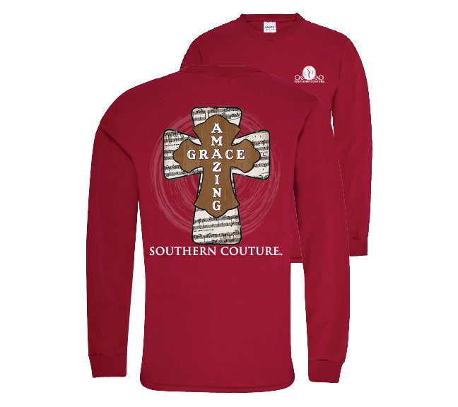 Southern Couture Preppy Amazing Grace Cross Faith Long Sleeve T-Shirt - SimplyCuteTees
