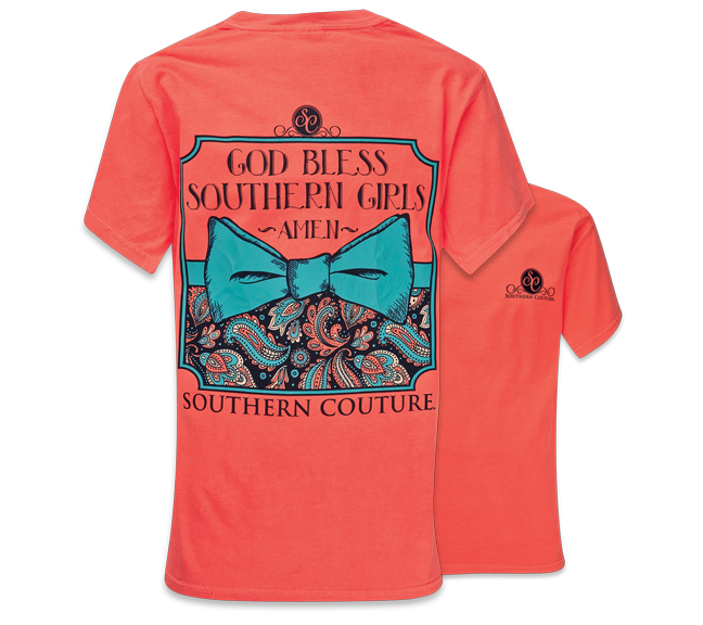 Sale Southern Couture God Bless Southern Girls Amen Pattern Bow Comfort Colors Red Orange Girlie Bright T Shirt
