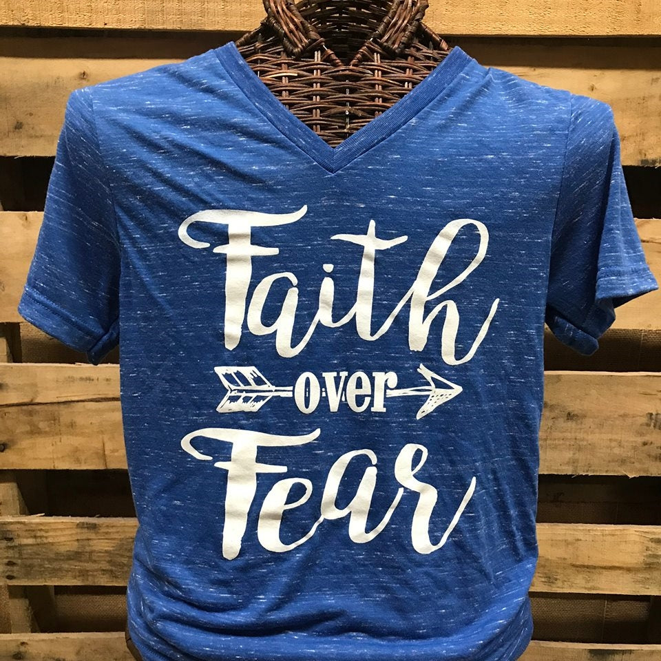 Southern Chics Apparel Faith Over Fear V-Neck Canvas Girlie Bright T Shirt