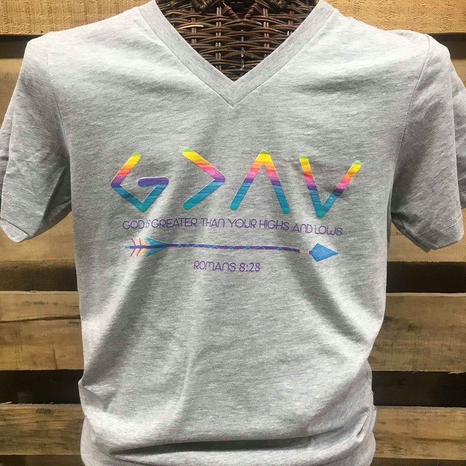 Southern Chics Apparel God's Greater then Highs & Lows V-Neck Canvas Girlie Bright T Shirt