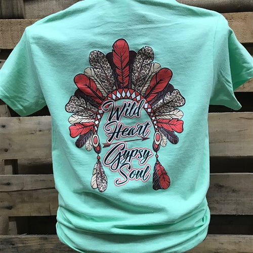 Southern Chics Wild Heart Gypsy Soul Feathers Headdress Youth Girlie Bright T Shirt