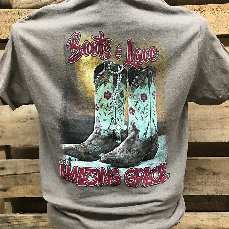 Southern Chics Boots Lace & Amazing Grace Christian Girlie Bright T Shirt