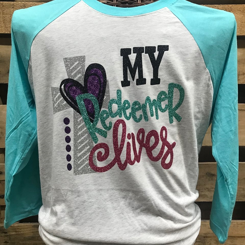 Southern Chics Apparel My Redeemer Lives Cross Glitter Raglan Canvas Long Sleeve T Shirt