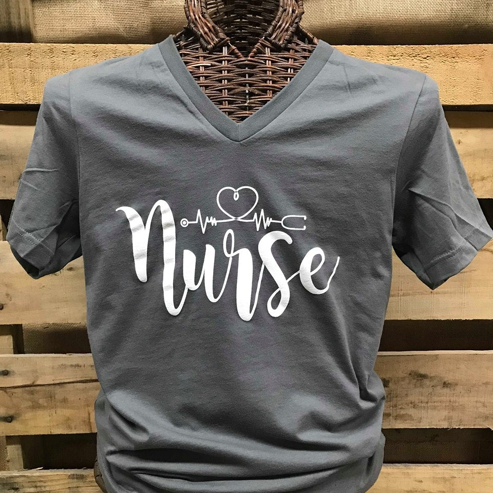 Southern Chics Apparel Nurse Nursing Heartbeat V-Neck Canvas T Shirt