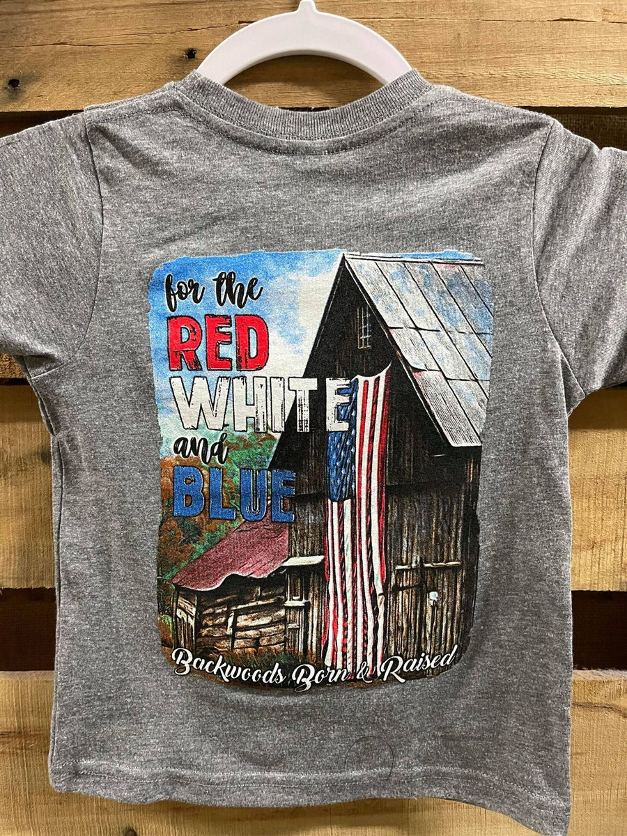 Backwoods Born & Raised Red White and Blue USA Barn Unisex Toddler Youth T Shirt